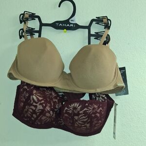 Tahari Tan and Burgundy Lace Bra Set